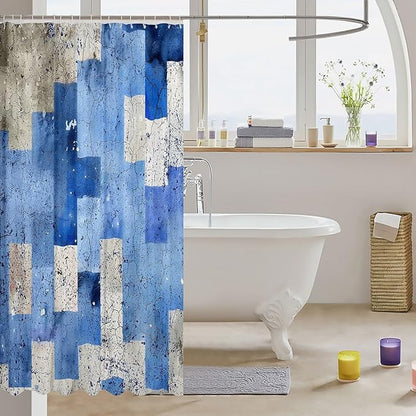 Feelyou Kids Geometric Blue Shower Curtain Geometry Bath Curtain Boys Girls Checkered Bathroom Shower Curtain Set Modern Art Teens Bathroom Accessories Room Decor 72"x84"