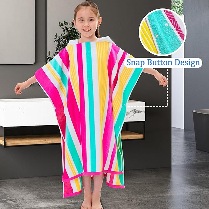 VOOVA & MOVAS Big Kids Cotton Poncho Towels with Hood (8-16Years), Thick Poncho Towel Robe for Kids, Perfect for Pool, Beach, Bath and Gifts, Red Green Yellow Stripe