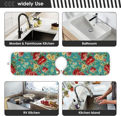 Kitchen Faucet Absorbent Mat, Water Splash Guard for Sink, Faucet Drip Catcher Thicken Sponge Microfiber Faucet Water Catcher Mat Sink Absorbent Mat for Kitchen 14x5in 2 Pack