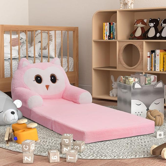 Kids Sofa Chair for Toddler, 2-in-1 Folding Soft Baby Couch with Removable Cover, Comfy Plush Children's Recliner, Convertible Floor Sofa Bed to Lounger for Girls Boys Age 1-3,Owls Pink