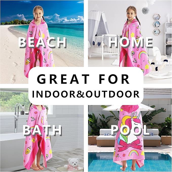 Kids Hooded Beach Bath Towel, Baby Surf Poncho Toddlers Soft Real Cotton Wrap Hooded Towels for Kids Boy Girl