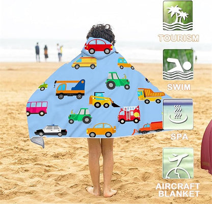 Blue Car Hooded Beach Towel for Kids, Cute Bath Towel with Hood, Boy Microfiber Super Absorbent Soft Poncho Bathrobe for Swin Pool 30”x50”