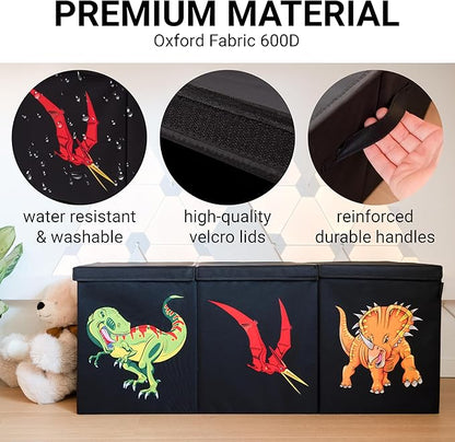 Extra Large Collapsible Dino Toy Box with Lids for Kids - Toy Storage Organizer, Chest, and Bin in Living Room, Playroom or Kids Room Organization