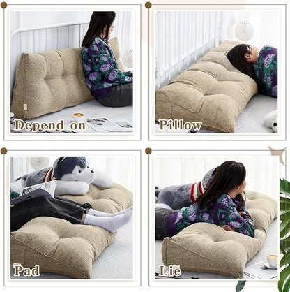 Wenqik Wedge Pillow Triangular Dorm Headboard Bed Rest Reading Backrest Back Support Long Bolster Pillow with Removable Cover for Dorm Room Supplies(Khaki Gray,Queen (59 x 20 x 8 Inch))