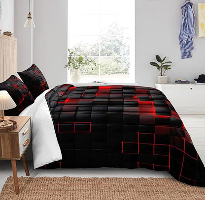 Bedbay Black Checkered Comforter Set King Size Plaid Bedding 4 Pcs Stereoscopic Glowing Square Geometric Printing Quilt Set Boys Girls Black Red Grid Bedding Set King Duvet Set (Red Black,King)