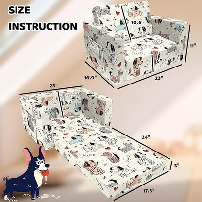 Kids Couch, 2-in-1 Convertible Sofa to Lounger, Comfy Flip-Out Couch Chair/Sleeper Bed for Toddler Boys and Girls (Beige-Dog)
