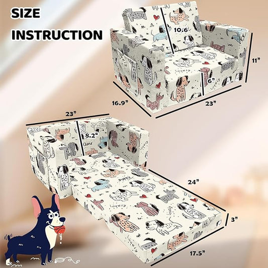 Kids Couch, 2-in-1 Convertible Sofa to Lounger, Comfy Flip-Out Couch Chair/Sleeper Bed for Toddler Boys and Girls (Beige-Dog)