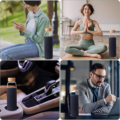 Laster Glass Water Bottle 20 Oz, 600 ml, made of Borosilicate Glass, 1 Bamboo & 1 Stainless Steel Lid, BPA Free, Non-Slip Silicone Sleeve (Black)