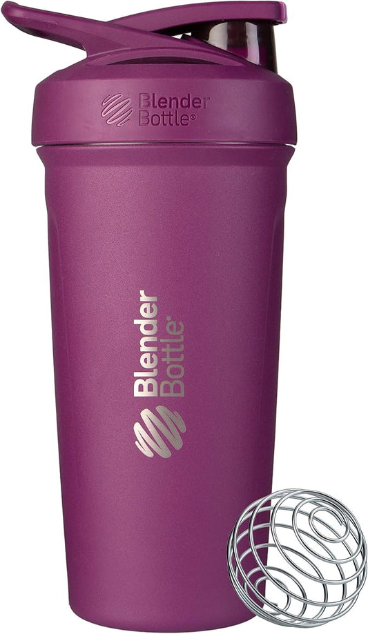 BlenderBottle Strada Shaker Cup Insulated Stainless Steel Water Bottle with Wire Whisk, 24-Ounce, Plum