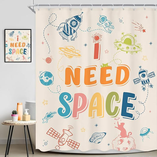 Kids Shower Curtain 60Wx72L Inch Funny Space Quotes Toddler Planet Cartoon Cute Universe Galaxy Boys Girls Nursery Colorful Bathroom Set Bath Curtain Bathtub Accessories Home Decor