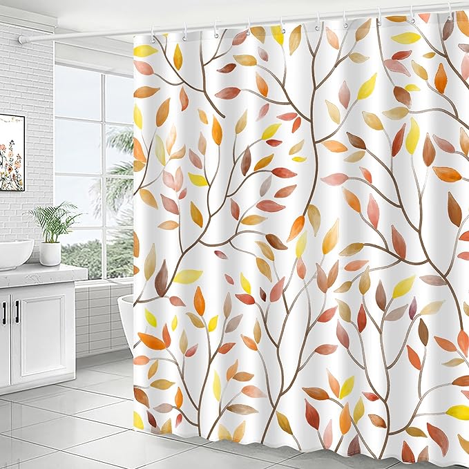 Boho Fall Shower Curtain, Autumn Colorful Botanical Flower Leaves Bohemian Yellow Fabric Shower Curtain Set with 12 Hooks, Bathroom Accessories Decor Cloth Curtain 72x72 Inches