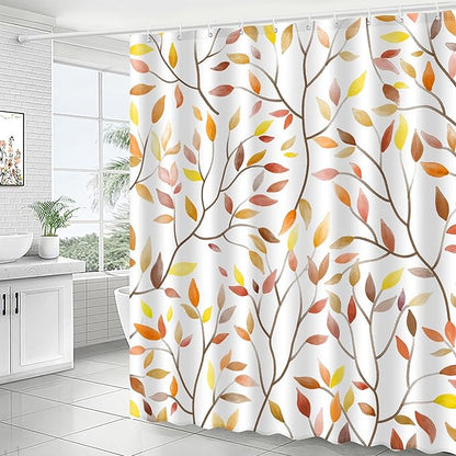 Boho Fall Shower Curtain, Autumn Colorful Botanical Flower Leaves Bohemian Yellow Fabric Shower Curtain Set with 12 Hooks, Bathroom Accessories Decor Cloth Curtain 72x72 Inches