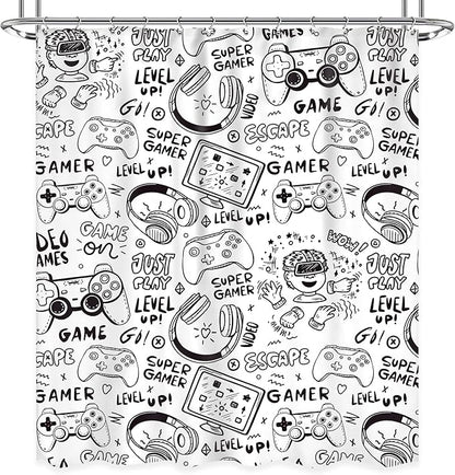 Kids Gaming Shower Curtain for Boys 60Wx72L Inch Gamer Black White Video Game Cool Teens Funny Monochrome Sketch Graffiti Gamer Gamepad Bathroom Set Bath Curtain Bathtub Accessories Home Decor