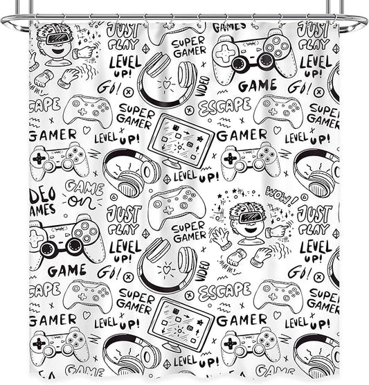 Kids Gaming Shower Curtain for Boys 60Wx72L Inch Gamer Black White Video Game Cool Teens Funny Monochrome Sketch Graffiti Gamer Gamepad Bathroom Set Bath Curtain Bathtub Accessories Home Decor
