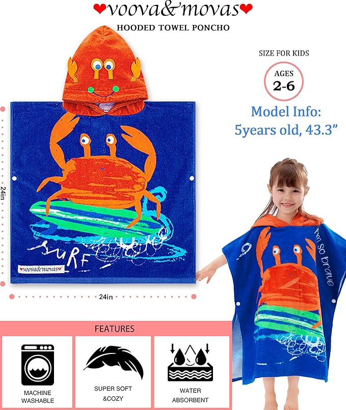 VOOVA & MOVAS Kids Towel Poncho with Hood (2-6Years) Cotton Poncho for Toddlers, Perfect for Swim | Surf | Shower | Birthday Gifts, Cape Crab Theme