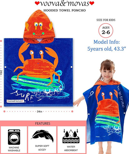 VOOVA & MOVAS Kids Towel Poncho with Hood (2-6Years) Cotton Poncho for Toddlers, Perfect for Swim | Surf | Shower | Birthday Gifts, Cape Crab Theme