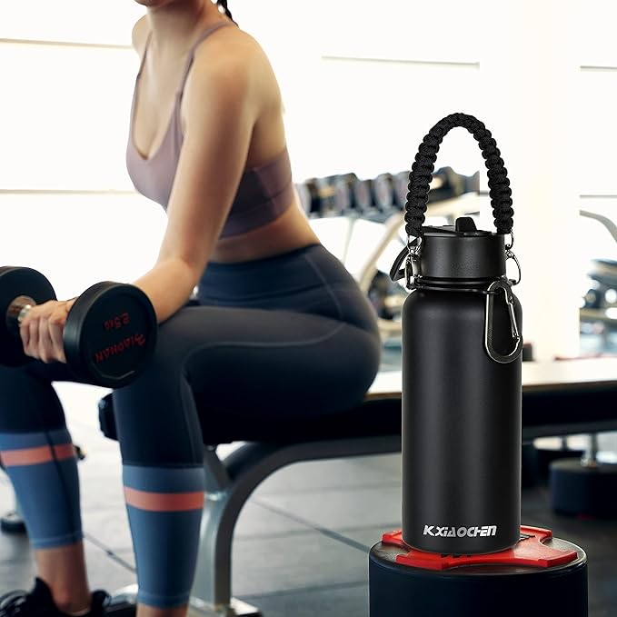 32 oz Insulated Water Bottle with Paracord Handles & Strap, 2 Lids(Straw Lid&Spout Lid), Stainless Steel Reusable Wide Mouth Metal Water Bottle With Straw, Double Walled, Thermo Mug(Black Gray)