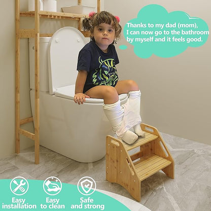 AMBIRD Wooden Step Stool, Two Step Stools Toddler 300 lbs Capacity with Safety Non-Slip Pads and Handles, Bamboo Step Stool for Bathroom, Kitchen Dual Height Step Stools for Kids (Natural)