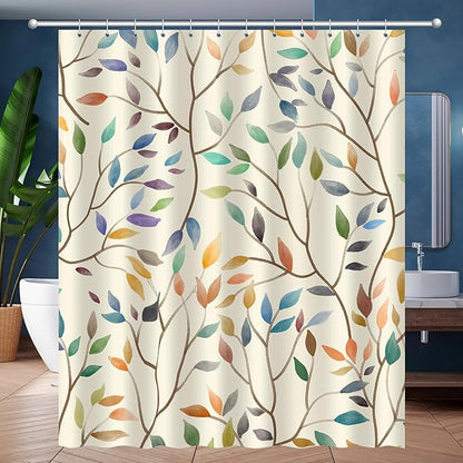 Boho Floral Shower Curtain, Spring Colorful Botanical Flower Leaves Bohemian Yellow Fabric Shower Curtain Set with 12 Hooks, Bathroom Bathtub Accessories Decor Cloth Curtain 60x72 Inches