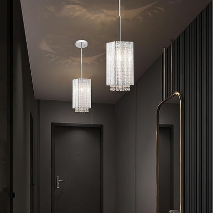 Mini Crystal Chandelier 1 Light Modern Hanging Light Fixture Small Cuboid Chrome Pendant Light for Kitchen Island Dining Room