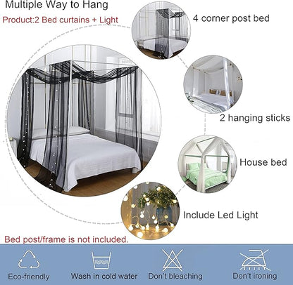 Akiky Canopy Curtains for Girls with LED Light King California King Bed Curtains Frame Bed,Valance Scarves Great for Bed,Windows,Wedding Parties(King,Black)