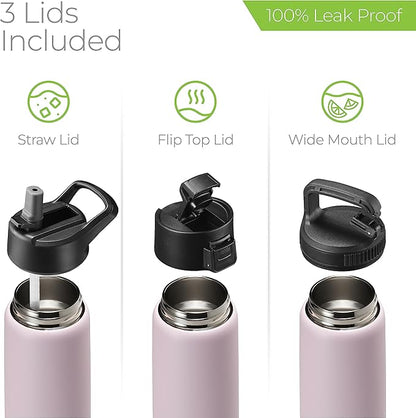 SipX™ Triple-Insulated Stainless Steel Water Bottle 25oz. With 3 Lids, BPA-Free Reusable Insulated Water Bottle Keeps Cold 24 Hours, Metal Water Bottle Made Of Sustainable Material For Hiking & Biking