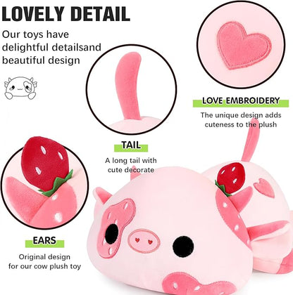 Onsoyours Cute Cow Plushie, Soft Stuffed Strawberry Cow Squishy Plush Animal Toy Pillow for Kids (Strawberry Cow, 12")