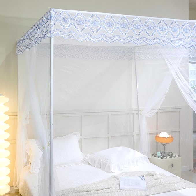 Bed Canopy, Princess Bed Curtain Net for Girls & Adults，Three-Doors Rectangle Lace Dome Netting (White, King)