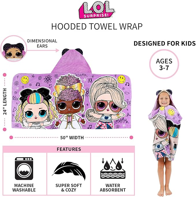 Franco LOL Surprise Kids Purple Queen Bath Beach Hooded Towel 24 in x 50 in