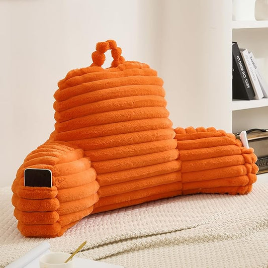 Faux Fur Fluffy Orange Reading Pillow with Pockets, Luxury Striped Plush Decorative, Arm Rests and Back Surport for Bed Rest, Lounging on sofa, Standard