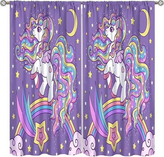 Unicorn Curtains Fantasy Star Moon Cartoon Theme Curtains Cute White Unicorn Rainbow Design Printed Curtains Boys Girls Room Curtains 63x72 Inch 2 Panels