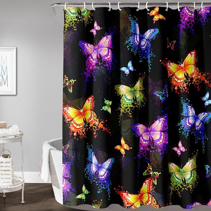 AILONEN Butterfly Shower Curtain for Bathroom, Colorful Butterfly Polyester Waterproof Bath Curtain,Modern Fashion Minimalist Shower Curtain with 12 Plastic Hooks,Black 36" W*72" H