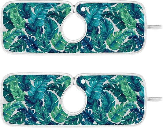 Kitchen Faucet Absorbent Mat,Turquoise Green Palm Leaves Water Splash Guard for Sink, Faucet Drip Catcher Thicken Sponge Microfiber Faucet Water Catcher Mat Sink Absorbent Mat for Kitchen 14x5in 2Pack