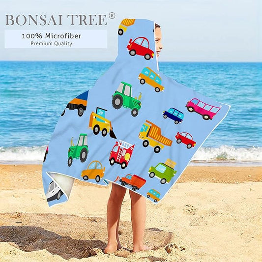 Blue Car Hooded Beach Towel for Kids, Cute Bath Towel with Hood, Boy Microfiber Super Absorbent Soft Poncho Bathrobe for Swin Pool 30”x50”