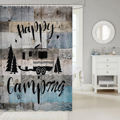 Feelyou Camper Shower Curtain Camping Bathroom Shower Curtain Set Happy Camping Bath Curtain for Kids Boys Girls Camping Car Kids Bathroom Accessories 72"x78"