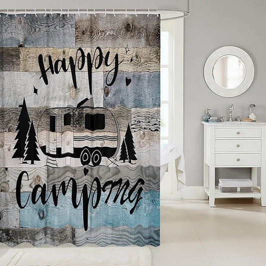 Feelyou Camper Shower Curtain Camping Bathroom Shower Curtain Set Happy Camping Bath Curtain for Kids Boys Girls Camping Car Kids Bathroom Accessories 72"x78"