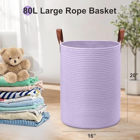 80L Large Rope Basket, Woven Rope Storage Basket with Leather Handles, Dog Toy Storage Basket, Bedroom, Nursery Blanket Storage, Bathroom Laundry Basket, 16“x20” Tall Rope Basket (Purple)
