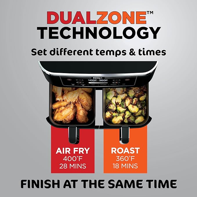Ninja DZ302 Foodi 10-qt. 6-in-1 DualZone Smart XL Air Fryer with 2 Independent Baskets, Match Cook & Smart Finish to Air Fry, Air Broil, Roast, Bake, Dehydrate, & Keep Warm, Black