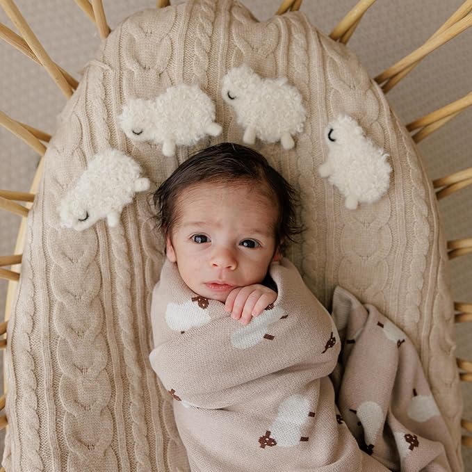 Knit Baby Swaddle Blanket - 100% Cotton Soft Cozy Lightweight Unisex Receiving Swaddling Crib Stroller Quilt Blanket for Shower Gift Registry for Newborns Infants & Toddlers (Sheep - Grey)