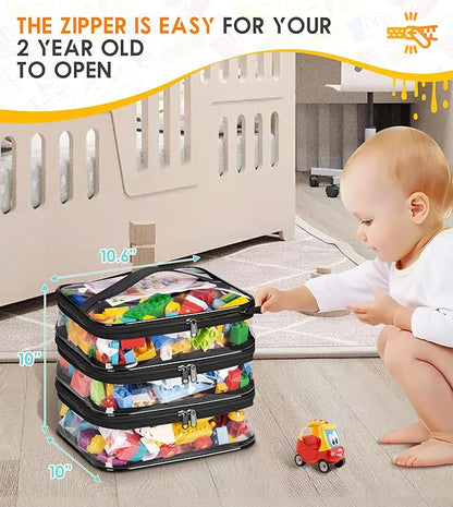 MISSLO 3-Layer Lego Storage Organizer with 3 Manual Pockets Clear Lego Storage Bag for Toys, Puzzles, Bricks, Building Blocks, Crafts (Black)