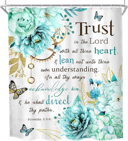 MESHELLY Teal Shower Curtain 60Wx72H Flower Christian Shower Curtain Farmhouse Bible Verse Rustic Blue Floral Shower Curtain Women Inspiration Quote Scriptures Bathroom Decor Fabric with 12 Hooks