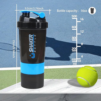 Shaker Bottle - Protein Shaker Cup with Storage Compartments - Leak-proof Workout Shake Bottles with Mixer for Smooth Mixing-500ML/16oz (BLUE & BLACK)