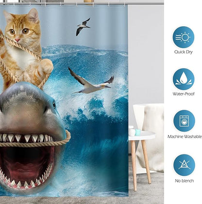 Aimego Long Funny Shower Curtain - Cute Cool Cat Riding Shark Ocean Wave Fun Fabric Cloth Shower Curtain Set with 12 Hooks for Adults Kids Bathroom Decor Accessories Bathtub Curtain, 72"x78"