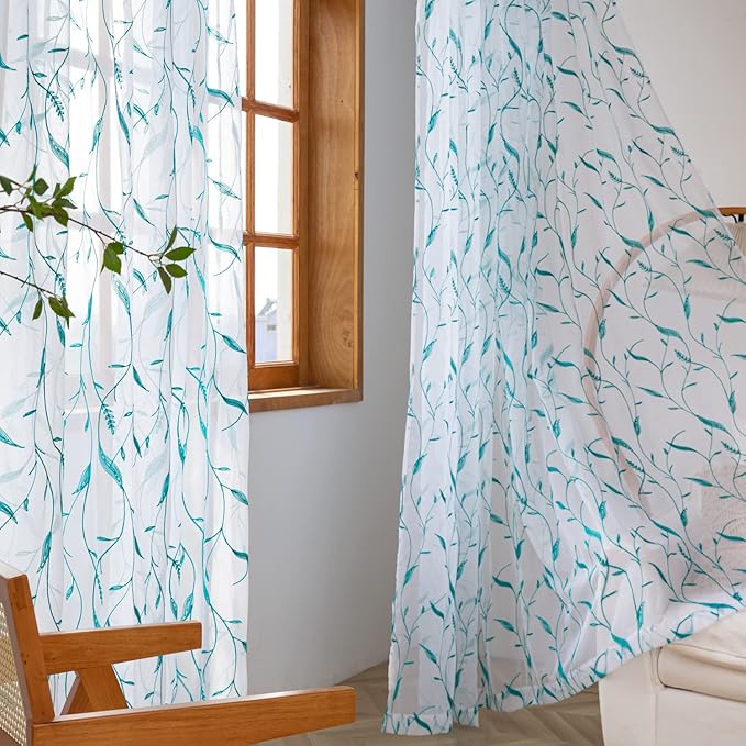 Windows Sheer Curtains Embroider Green Leaf 108 Inches Length 2 Panels Voile Light Filtering Sheer Curtains Panel Basic Rod Pocket for Bedroom Living Room Children Room