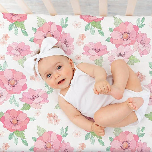 Baby Crib Sheets for Girls,2 Pack 28”x52”x8” Fitted Crib Sheets for Standard Crib and Toddler Mattress Soft Microfiber Baby Sheets for Crib (Floral White)