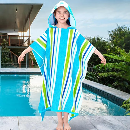 VOOVA & MOVAS Big Kids Towel Poncho with Hood (8-16Years), 100% Cotton Thick Poncho Towel Robe for Kids, Perfect for Pool, Beach, Bathroom, Blue Green Stripe