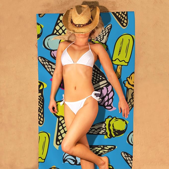 Beach Towel, Vintage Ice Cream Doodle Beach Towel Oversized Sand Proof Absorbent, Quick-Dry Bath Pool Swim Towel for Shower Spa Vacation, 29.5” X 59”
