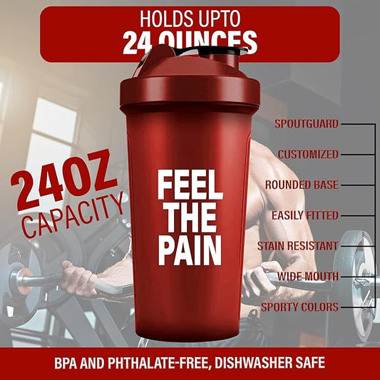 Shaker Bottles for Protein Shakes 24oz, Plastic Bottle for Pre and Post Workout, Protein Shaker Bottle with Wire Whisk Ball, Shaker Cup, Dishwasher Safe (FEEL THE PAIN, RED)