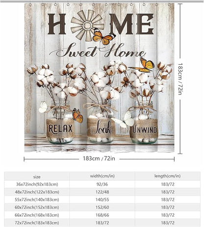 Rustic Farmhouse Shower Curtain Cotton Flowers Shower Curtains for Bathroom Decor Waterproof Polyester Fabric Relax Soak Unwind Floral Bathroom Curtain with Hooks 55x72 Inch