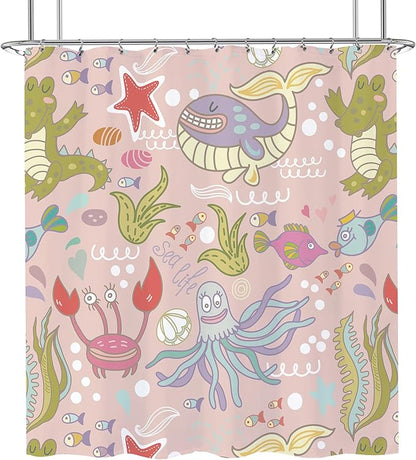 Pink Whale Kids Shower Curtain Set 72x72 Cute Cartoon Sea Animals Girls Shower Curtain for Bathroom Ocean Marine Theme Under Sea Bath Curtain Set Underwater Octopus Fish Kids Bathroom Decor